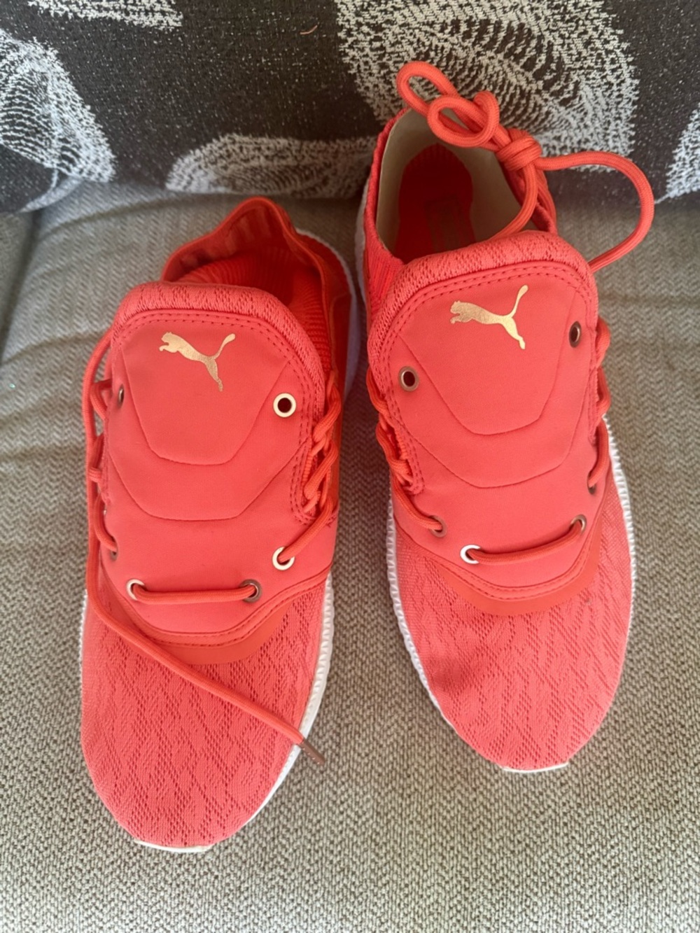 Puma Bright Coral Red Knit Sneakers with Gold Logo